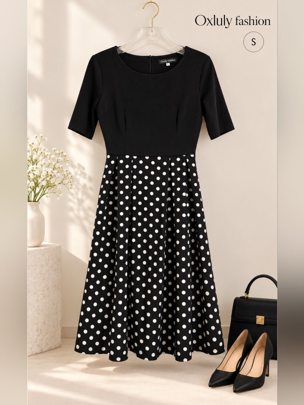EUC Oxiuly Fashion Classic Black & White Polka Dot A-line Dress, Size Small